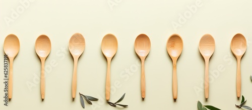 Photo of a rustic display of wooden spoons adorned with leaves with copy space
