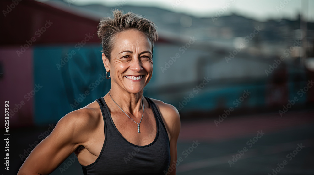 Portrait of elderly woman after morning jogging. Attractive looking mature woman keeping fit and healthy.