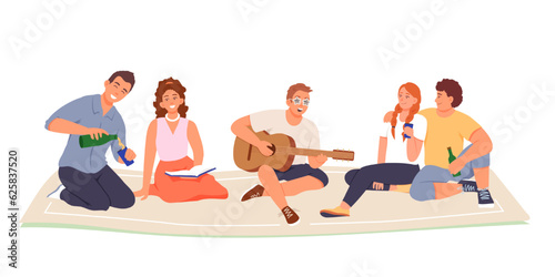 Happy friends drinking beer, playing guitar and singing. Summer leisure in park. Calm and active recreation of young people. Friends had picnic. Flat vector illustration in cartoon style