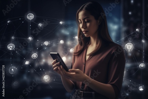 Woman with a smartphone with IOT behind concept network social
