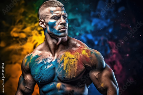 Muscular shirtless man with skin painted with Holi colors. Ai generated.