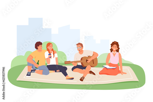 Young man plays guitar, singing with friends outside. Summer leisure in park. Calm and active recreation of young people. Friends had picnic. Flat vector illustration in cartoon style