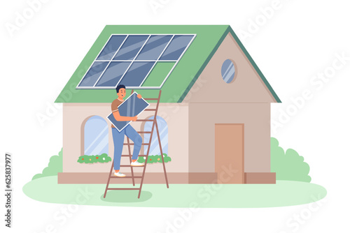 Man connects solar farm to house roof. Green energy source in everyday life. Care for environment. Controlling process of installing solar panels. Flat vector illustration