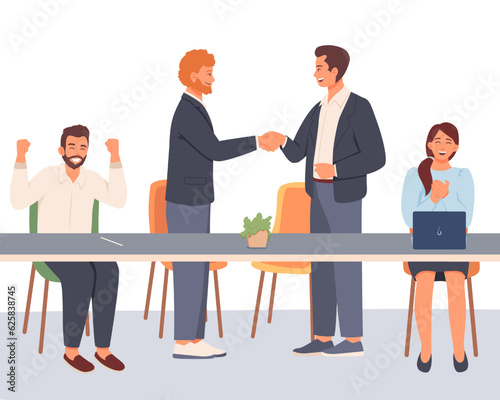 Colleagues shaking hands near table, assistants rejoices. Successful conclusion of contract, win. Effective deal. Strategy of victory. Successful completion of group task. Flat vector illustration