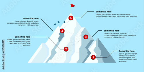 Infographic template. A mountain with 5 steps and a flag on top
