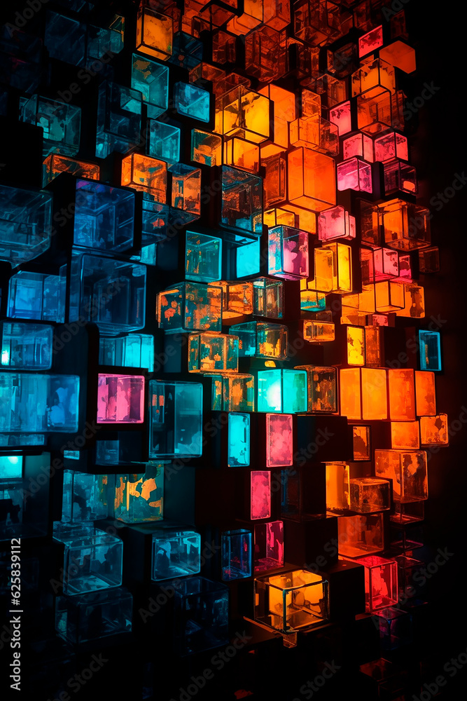background of Colorful light up boxes, cubism, stone, coded patterns background of Colorful light up boxes, cubism, stone, coded patterns