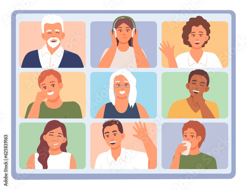 Different people talking online via different gadgets. Vector characters greet each other during online communication. Online meeting, video conference with several participants. Flat vector