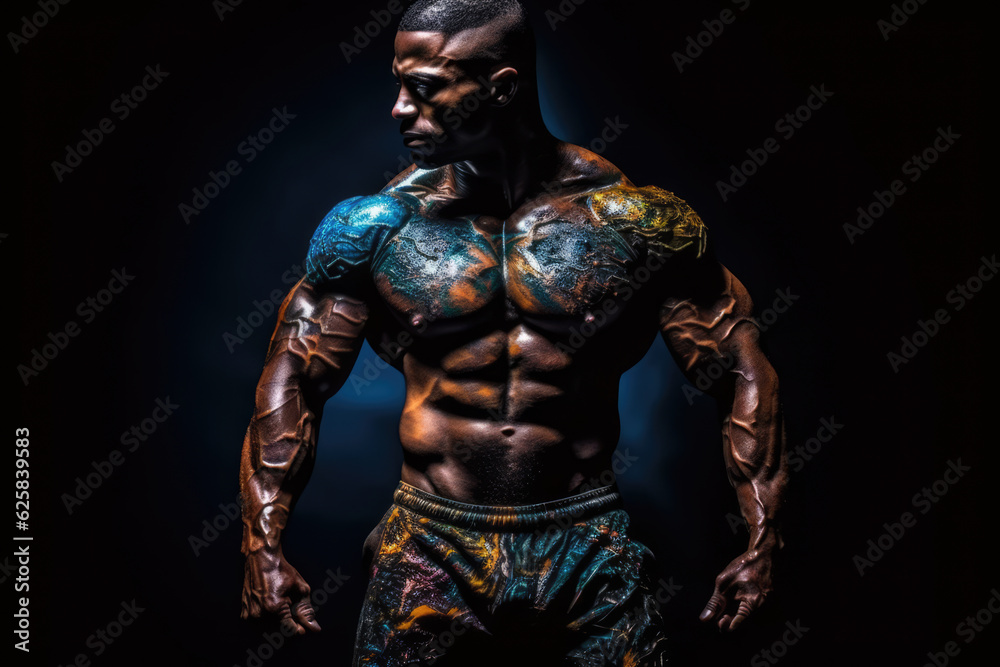 Muscular shirtless man with skin painted with Holi colors. Ai generated.