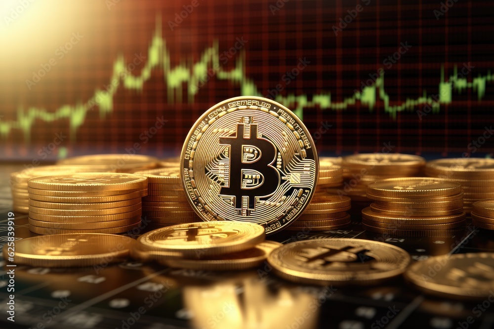 Virtual cryptocurrency concept. Bitcoin against stock market chart background. Generative AI
