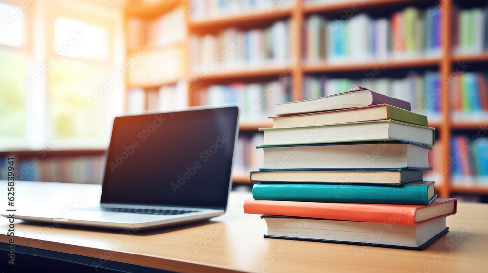 Education concept with laptop and books stack with library background. Generative AI Education concept with laptop and books stack with library background. Generative AI