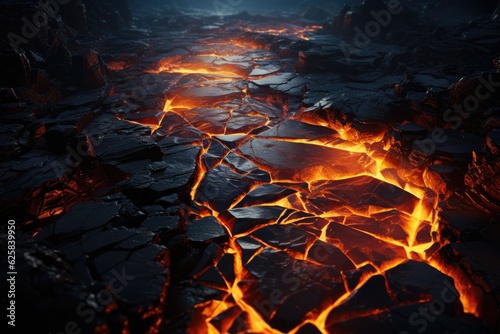 Fototapete Scorched rock floor with molten rocks and lava cracks