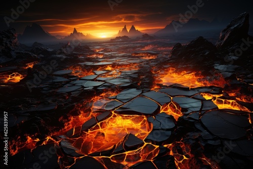 Leinwand Poster Scorched rock floor with molten rocks and lava cracks