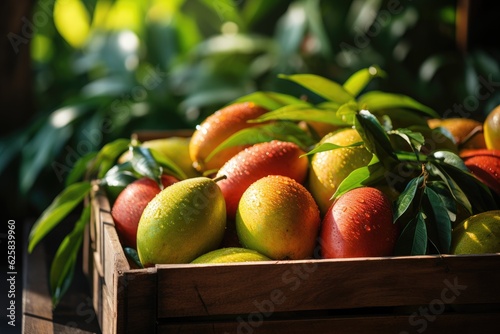 Organic mango in a wooden box. Generative AI photo