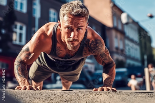 Picture of a young athletic man doing push ups outdoors. Ai generated.