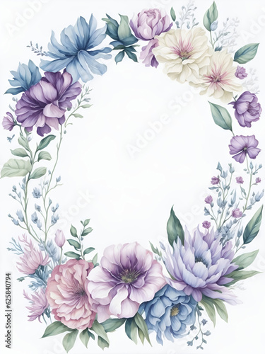 purple floral frame, in circle, white background