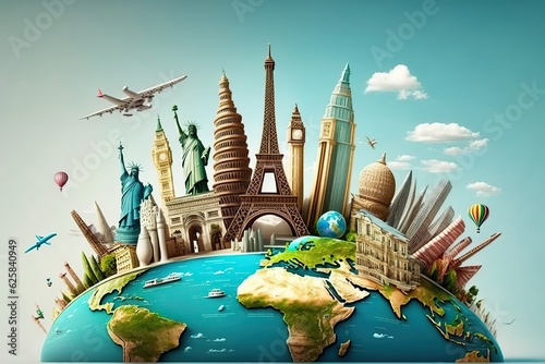Fotografie, Obraz world tourism day with landmarks and transport. Generative AI