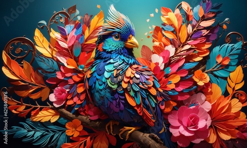 A vibrant and exotic bird with feathers in a mesmerizing array of colors perches gracefully on a lush, flowering branch, its plumage reflecting a kaleidoscope of hues, the intricate patterns 