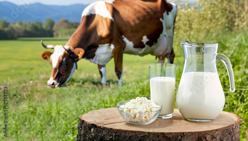 Fotografie milk in glass jug and cottage cheese on wooden stump with grazing cow on the mea