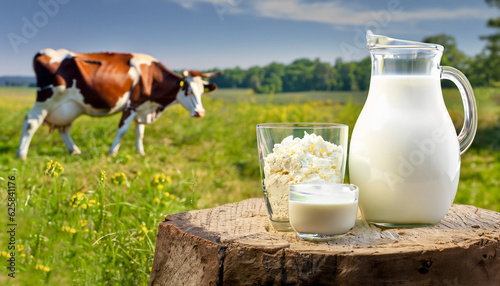 Fototapeta Naklejka Na Ścianę i Meble -  milk in glass jug and cottage cheese on wooden stump with grazing cow on the meadow as background