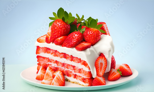 a slice of strawberry shortcake on a plate, white background