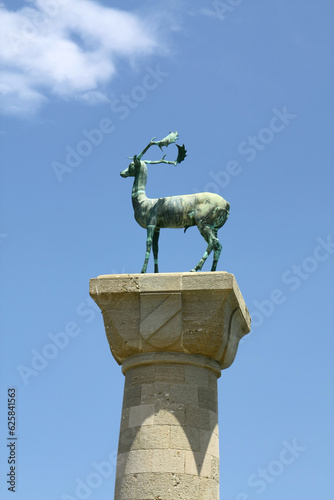 A statue of a deer in the harbor on the Greek island of Rhodes.