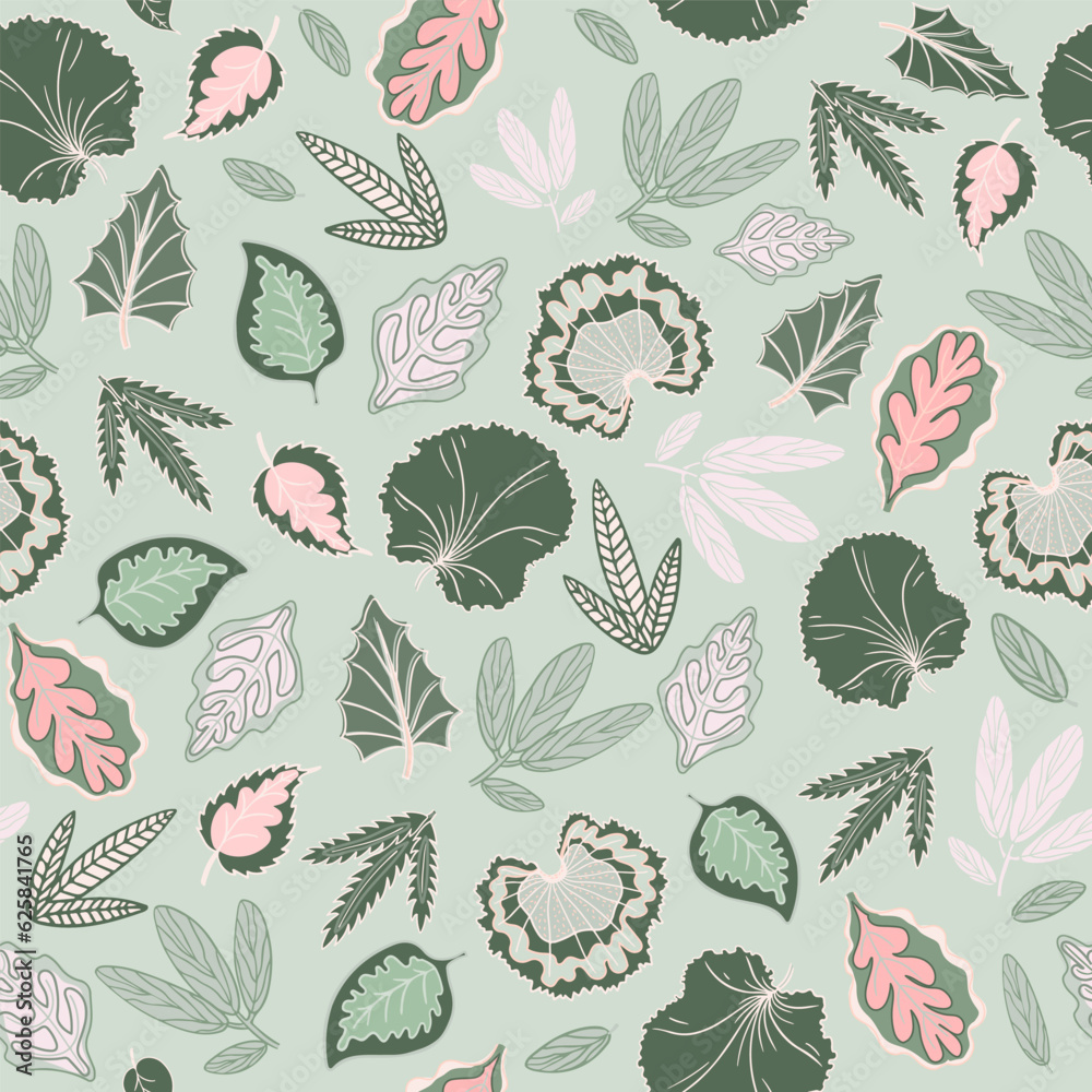 Leaves seamless pattern. Set of different leaves on mint green background.