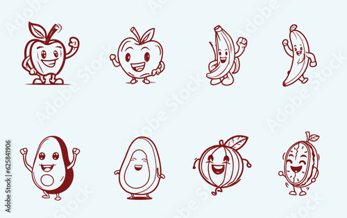 Cute Fruits mascot line art vector set 