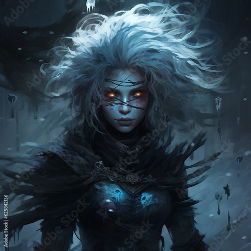 A Painting of a Female Fantasy Character With Flowing White Hair and Glowing Red Eyes