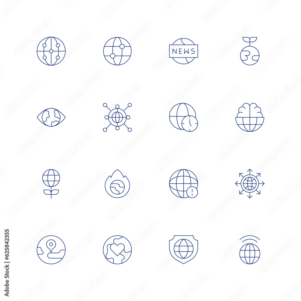 Global line icon set on transparent background with editable stroke. Containing big data, global education, news, earth day, eye, global network, time zone, global, global warming, world.