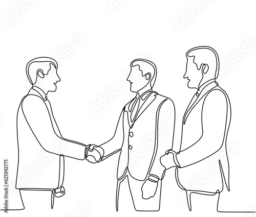 One line of two businessman shake hand with partner after meeting. Single line of two man shaking hand. Continuous line of two people hold hand each other isolated on white background.