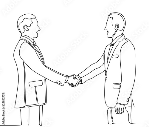 One line of two businessman shake hand. Single line of two man shaking hand. Continuous line of two people hold hand each other isolated on white background.