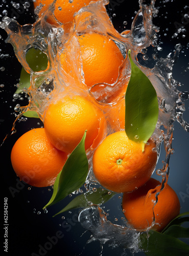 Citrus fruits falling into water with splashes