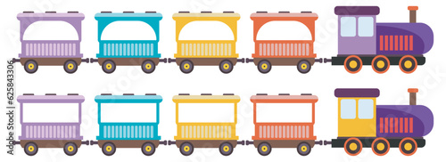 Cartoon toy train with color wagons, two different style kids train set, Toy train cartoon vector illustration