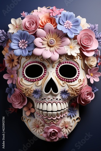 traditional calavera sugar skull decorated with flowers the day of the dead. Generative AI