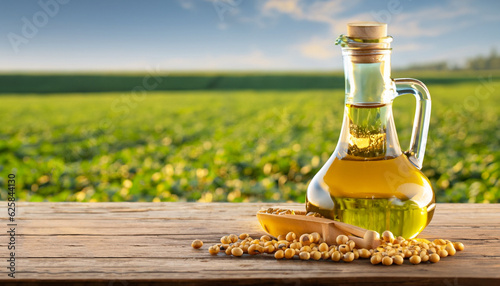 soybean oil in glass jug with dry soy seeds in scoop on wooden table and green agriculture field on the background photo