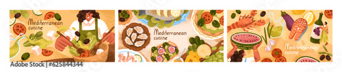 Mediterranean cuisine, cards set. Italian and Spanish food, diet. Seafood, fish, appetizer, restaurant snacks, pizza, vegetable salad, healthy fresh eating, banners designs. Flat vector illustrations
