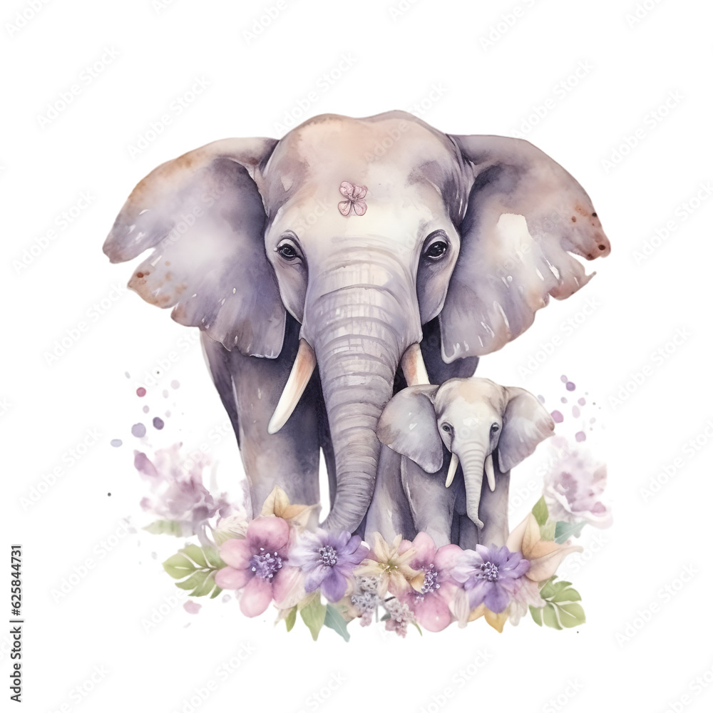 Watercolor elephant with baby