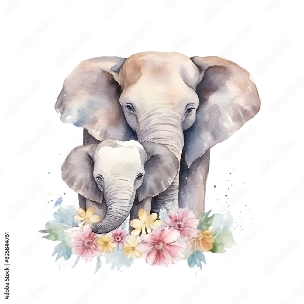 Watercolor elephant with baby