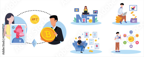 NFT concept. People creating buying and working with crypto art. Non-fungible token auction. Unique masterpieces markets. Persons paying for artworks with phones.