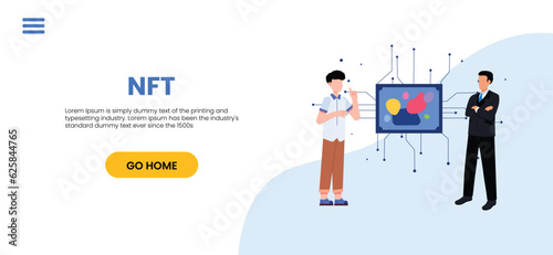 NFT concept. People creating buying and working with crypto art. Non-fungible token auction. Unique masterpieces markets. Persons paying for artworks with phones.