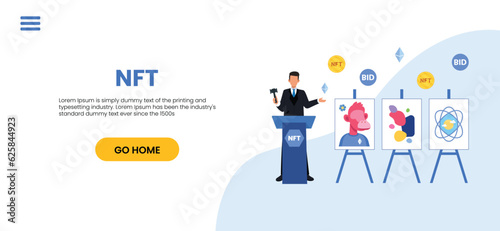 NFT concept. People creating buying and working with crypto art. Non-fungible token auction. Unique masterpieces markets. Persons paying for artworks with phones.