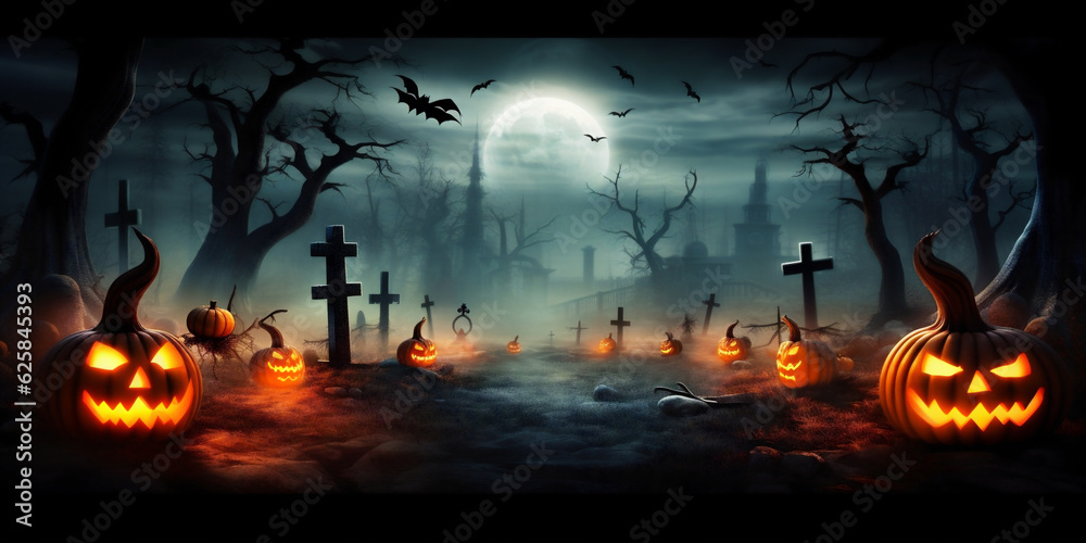 halloween background with pumpkins in the cemetery