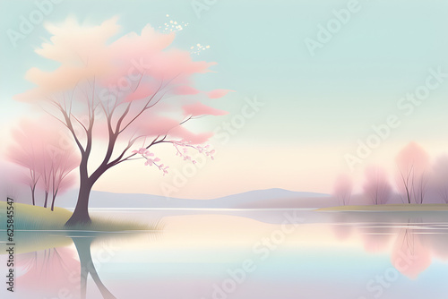 Peaceful, Tranquil, Serene, Calm, Nature, Soft colors, Gentle, Sunlight, Breezy, Blossoms, Meadows, Trees, Clear skies, Reflection, Harmony,  Stillness, Leisure, Solitude, Gratitude. Generative AI