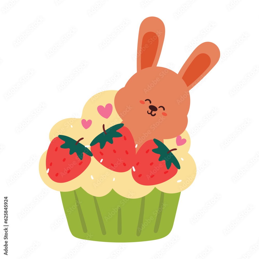 hand drawing cartoon cupcake with bunny and strawberry. cute food and animal doodle for icon and sticker hand drawing cartoon cupcake with bunny and strawberry. cute food and animal doodle for icon and sticker