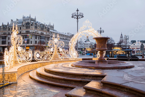 New Year. Christmas decorations on the streets of Moscow. Christmas holidays, winter landscape. The Bolshoi Theater in the center of Moscow. Russia, Moscow, 2023