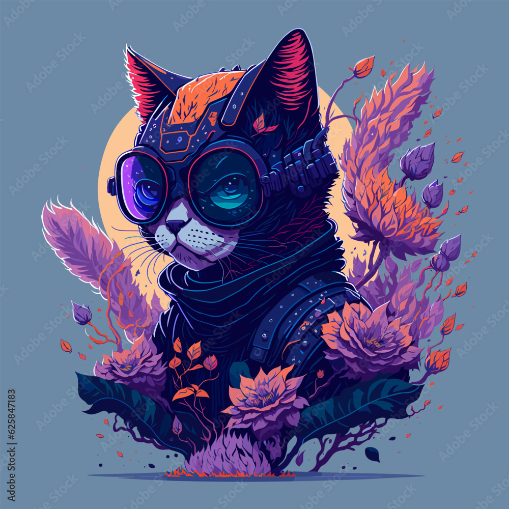 Futuristic Cat Head Illustration with Flower and Sunglasses on Clean Background. Vector Vintage Painting Style Design with Floral Elements for T-Shirt, Poster, Banner, Invitation or Cover.