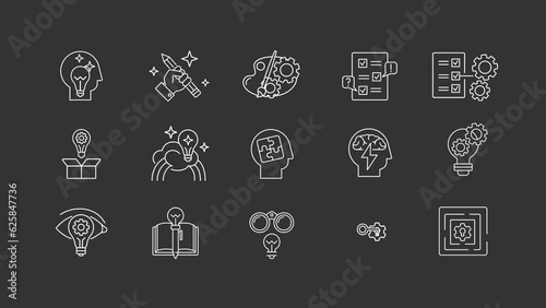 Creative thinking animation library. Idea generation animated white line icons. Outside the box. Innovative solution. Isolated illustrations on dark background. Transition alpha. HD video. Icon pack photo