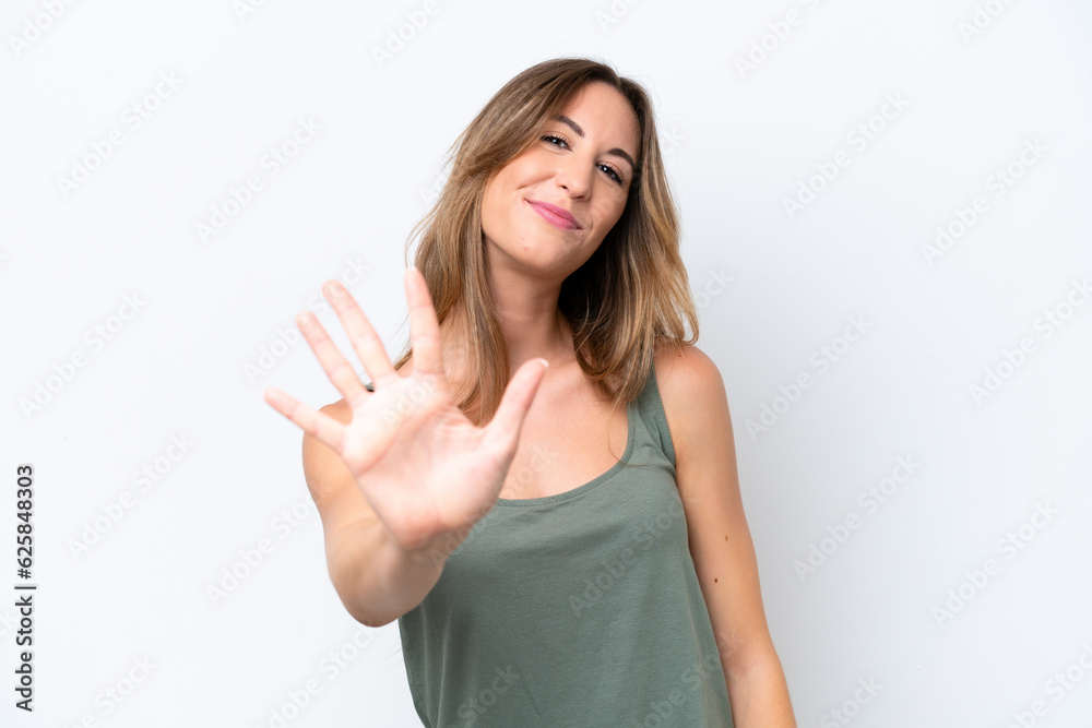 Young caucasian woman isolated on white background counting five with fingers Young caucasian woman isolated on white background counting five with fingers