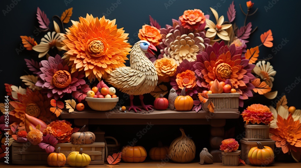 Happy thanksgiving day with a turkey and fall decoration. Generative AI