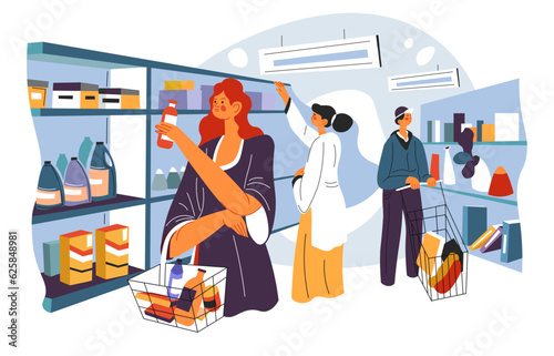 Shopping and buying products at grocery store